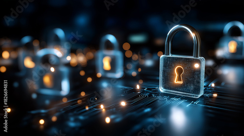 Digital information protection visualization, defocused security measures, cybersecurity concept, online safety technology, data defense system, information privacy infrastructure,