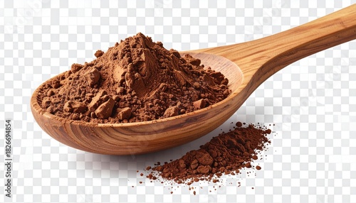 Wooden spoon with cocoa powder, rustic flavor in baking detail…