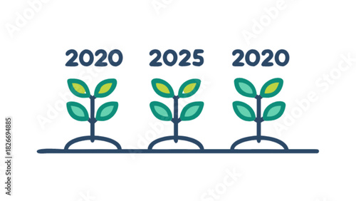 Three seedlings with dates two thousand twenty and two thousand twenty five on top of them in a row