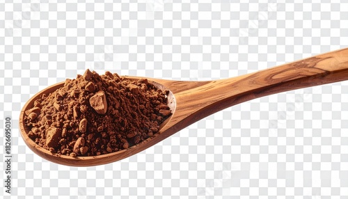 Wooden spoon with cocoa powder, rustic flavor in baking detail…