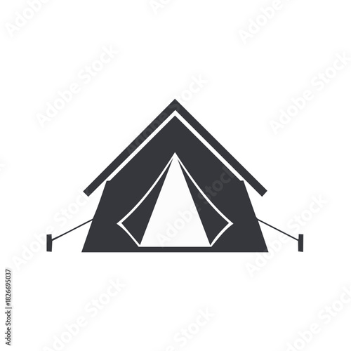 Minimalist dark silhouette of a triangular camping tent with open entrance and guy ropes