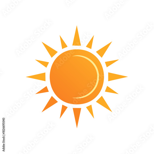 Bright orange sun graphic with spiky rays isolated on white providing warmth and summer symbol with circular orb and triangular spikes
