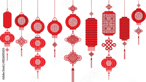 Traditional Chinese red lanterns and decorative knots hanging vertically for Lunar New Year celebration, festive decor, cultural heritage, cad drawing flat vector illustration