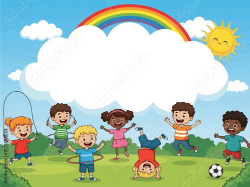 Happy Children Playing Outdoors with Rainbow and Sunny Sky