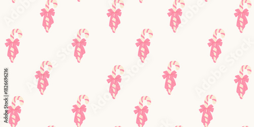 Christmas candy cane seamless pattern with bow. Minimal holiday print for wrapping paper, festive backgrounds, winter wallpaper.