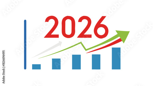 Illustration showing a rising bar graph with arrows and the year two thousand twenty six in red