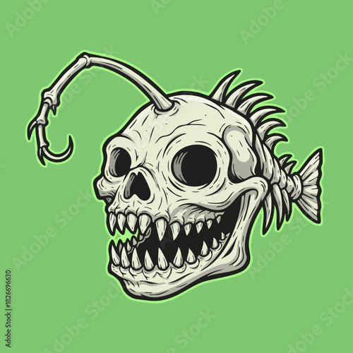 Deep Sea Anglerfish Skull Monster Illustration Tattoo Style
