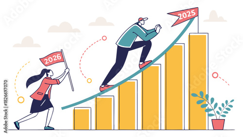 People climbing bar graph towards flags labeled with years representing business growth and success