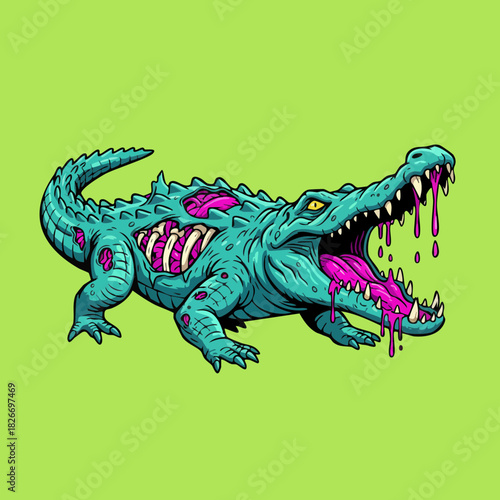 Stylized Zombie Crocodile Monster Illustration on Neon Green