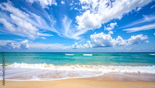 Fototapeta Naklejka Na Ścianę i Meble -  Tropical beach scene with bright blue sky, fluffy clouds, and clear turquoise water meeting the sandy shore