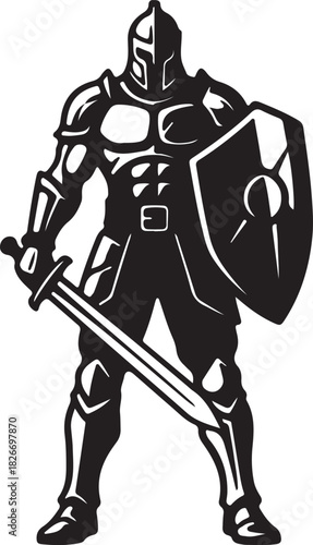 black silhouette of knight on white background, vector.