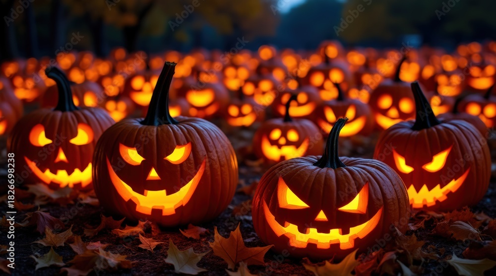 Fototapeta premium Glowing halloween jack-o'-lanterns in a field of autumn leaves