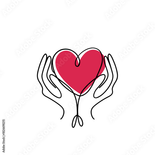 Two hands holding red heart in hand-draw line art for love and charity concepts