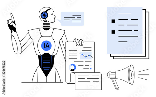 Robot with labeled IA chest, holding data documents, charts, and graphs, speaking via speech bubble. Megaphone and report stack featured. Ideal for AI, analytics, automation innovation technology
