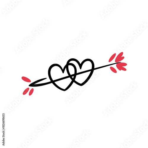 Arrow piercing two hearts in hand-draw line art for love, romance, and Valentine's Day