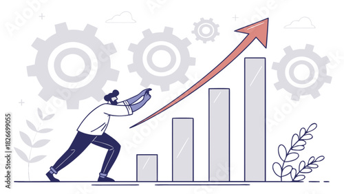 Man pushing arrow up a bar graph with gears in the background, illustrating growth and progress