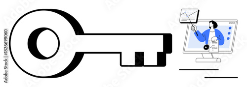 Security concept. Security ed by a key and digital interaction on a computer. Security in online data and identity protection. For business, technology, data analysis, security, and digital tools