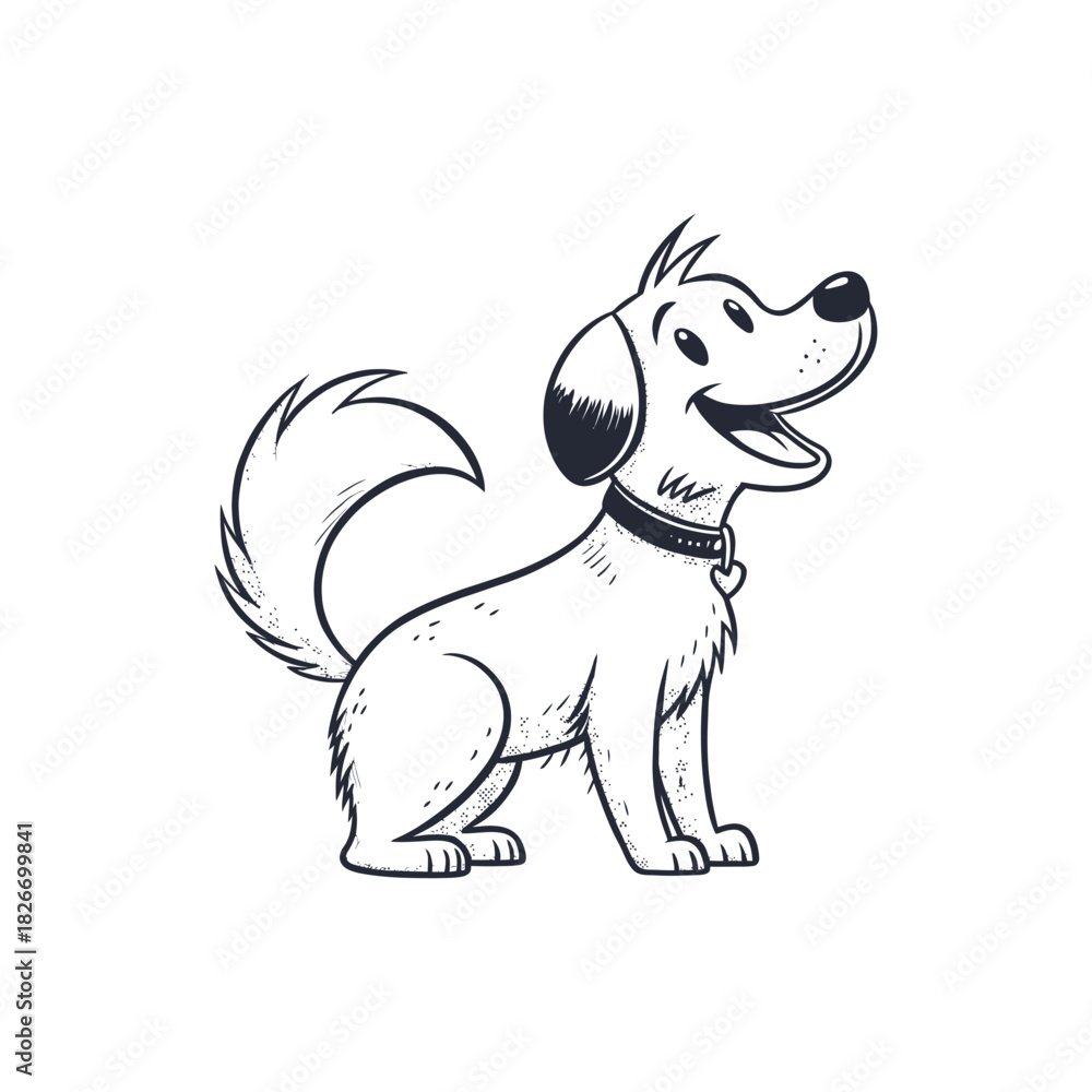 Obraz premium Happy cartoon dog looking up with a wagging tail silhouette