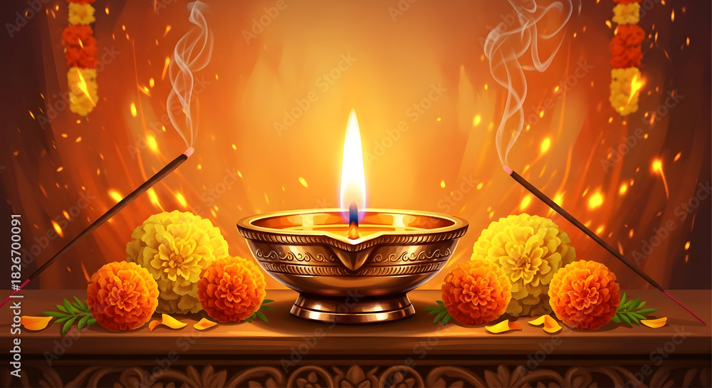 Obraz premium Lit brass oil lamp diya with burning incense sticks and marigold flowers on altar for hindu prayer illustration