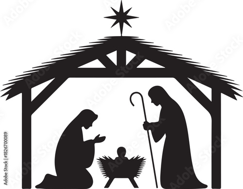 Nativity scene, nativity figures, black, isolated, vector