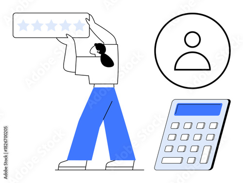 Woman holding a five-star rating, next to a user profile icon and a calculator. Ideal for feedback, performance analysis, customer review, evaluation, HR processes, rating systems, simple flat