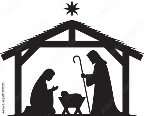 Nativity scene, nativity figures, black, isolated, vector