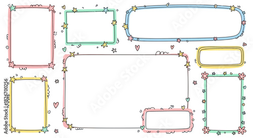 Collection of hand drawn doodle frames with stars hearts and flowers for decoration