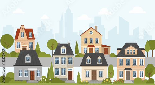 Colorful suburban neighborhood illustration with diverse houses and city skyline background