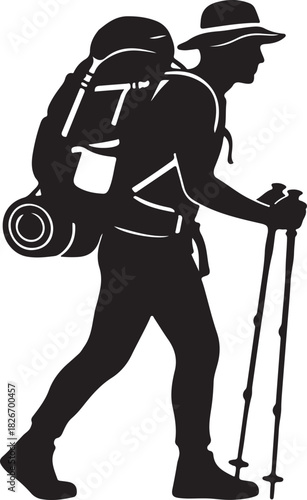 black silhouette of hiker on white background, vector.