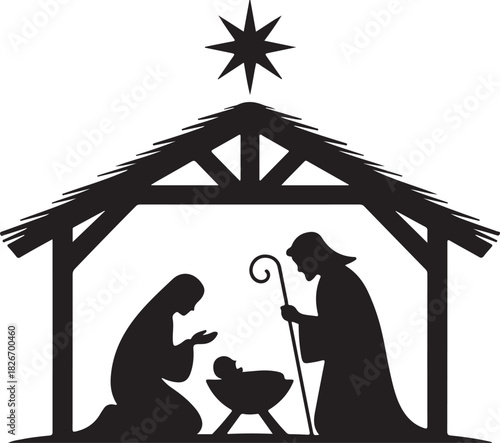 Nativity scene, nativity figures, black, isolated, vector
