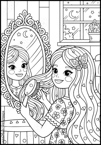 A girl combs her long hair in front of a mirror. coloring book