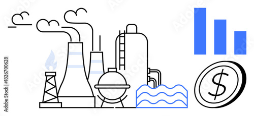 Power plants, refinery equipment, smoke stacks, and water pipes alongside bar charts and currency emphasize economic growth, energy production, and resource management. Ideal for energy, economics