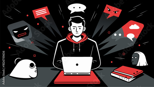 Ключові слова сказал:

Sad person sitting at laptop overwhelmed by negative messages, online harassment and cyberbullying in dark abstract illustration style