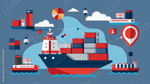 Container cargo ship with logistics and transportation icons in flat design representing global shipping and maritime freight services