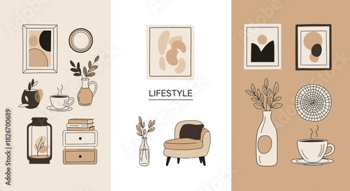 Elegant home decor elements in a modern minimalist style illustration with neutral tones that