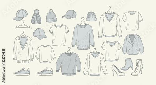 Fashionable apparel and accessories line art showcasing a trendy and stylish wardrobe