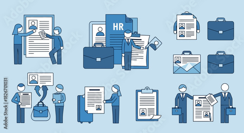 Human resources recruitment process illustrations depicting job application submission and reviewing