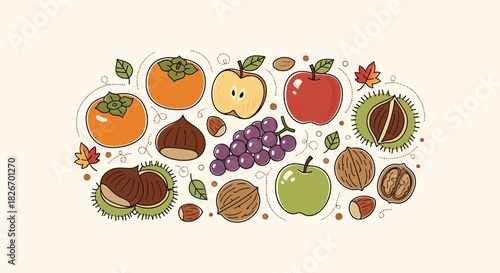 Illustrative autumn harvest composition featuring fresh fruits and nuts on a light background