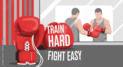 Motivational boxing illustration with a fighter training in front of a mirror