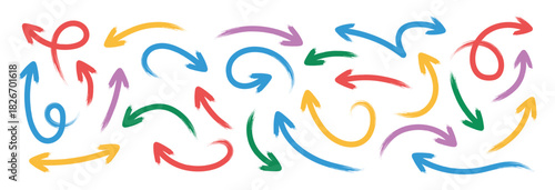 Hand drawn grunge crayon pencil brush arrow direction elements. Whimsical pencil arrow symbol.