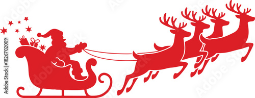 Santa Claus Silhouette in sleigh full of gifts with reindeers. Merry christmas and Happy new year decoration. Vector on transparent background