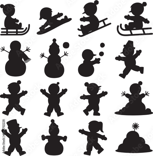 Collection of winter themed icons featuring kids and snowmen silhouettes