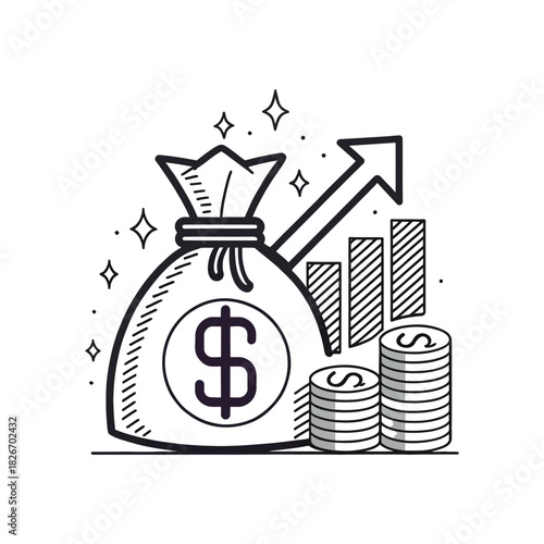 Money bag with dollar sign and growing financial graph silhouette