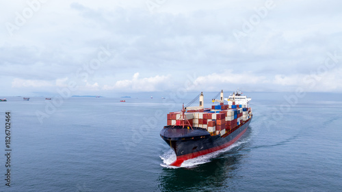 Aerial view of container cargo ship, Container cargo ship in import export logistic, Global business Logistics and transportation international container cargo ship, Container cargo freight shipping.
