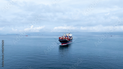 Aerial view of container cargo ship, Container cargo ship in import export logistic, Global business Logistics and transportation international container cargo ship, Container cargo freight shipping.