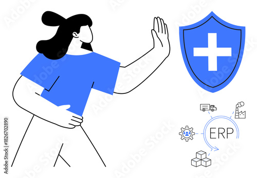 Woman raising hand toward shield with cross, symbolizing protection. ERP system icons include gear, factory, truck, and cubes. Ideal for cybersecurity, management tools, business strategy system