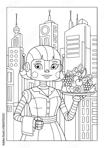 A female robot carries fruits. coloring book