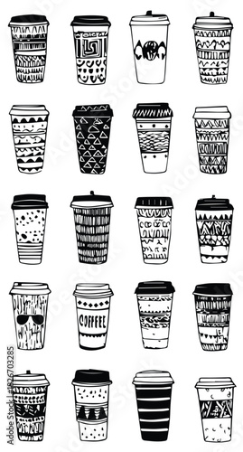 A striking black and white collection of twenty hand-drawn, disposable coffee cups featuring a wide variety of intricate and aesthetic surface patterns. The detailed illustrations include abstract, ge