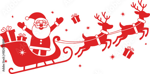 Silhouette of Santa holding one hand on a sleigh with reindeer and waving on a white. Christmas, new year