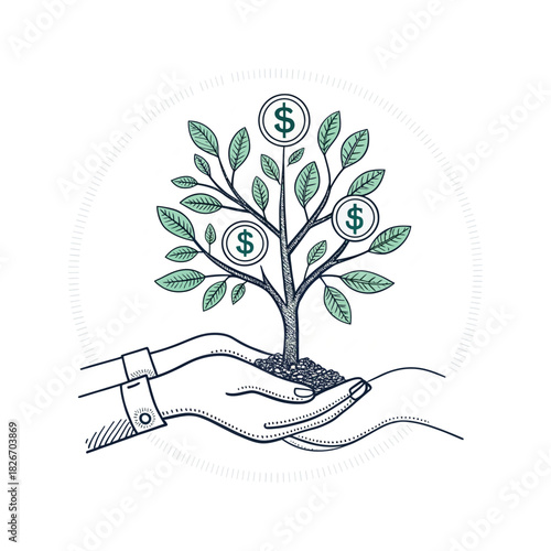 Hands holding a growing money tree with dollar coins silhouette